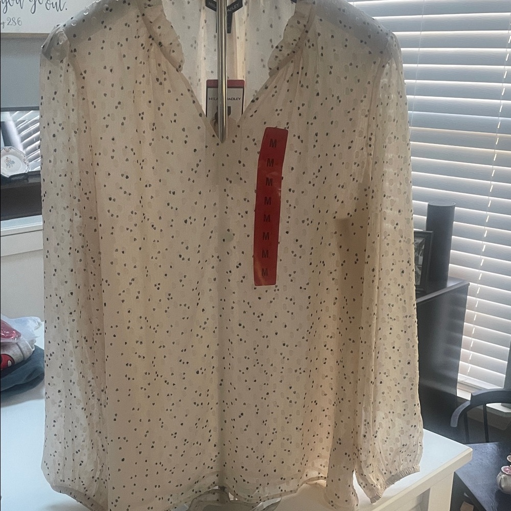 Sheer Light Cream Blouse with Tiny Black Hearts. Length 25”, Pit to Pit 20”.